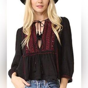 Free People The Wild Life Black and Red Embroidered Studded Blouse Sz M